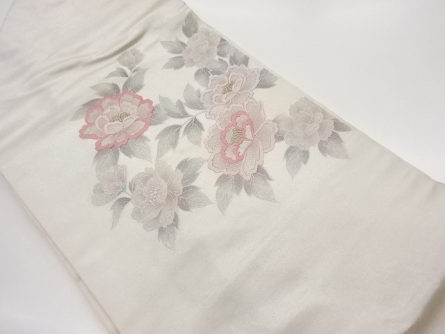 銀彩牡丹模様刺繍名古屋帯